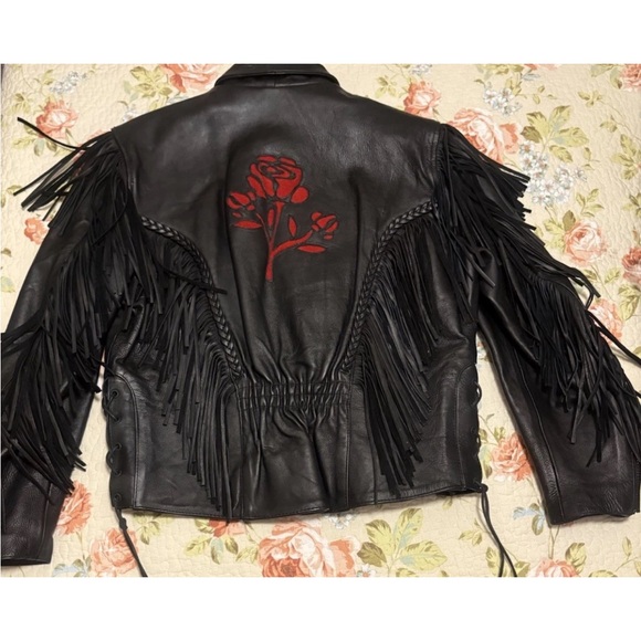 Women’s Black Fringe Leather Biker Motorcycle Jacket Rose Pattern Size Large - Picture 2 of 14